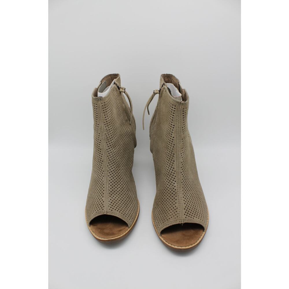 Toms Tan Majorca Peep Toe Stucco Suede 3" Block Heel Zip Up Bootie Shoes Size 9